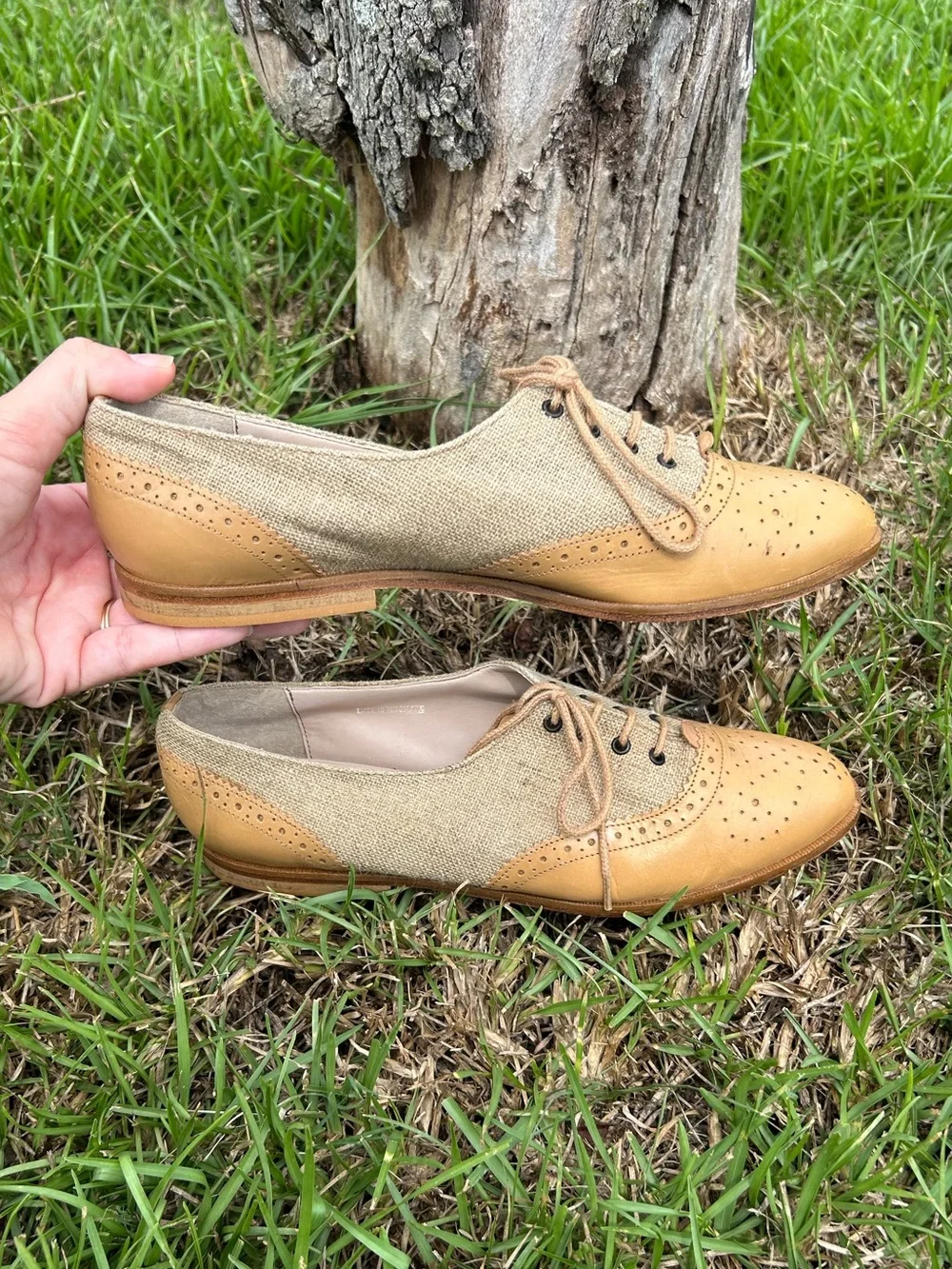 GLACÉE Two-Tone Wingtip Oxford Shoes Tan Leather & Textured Canvas